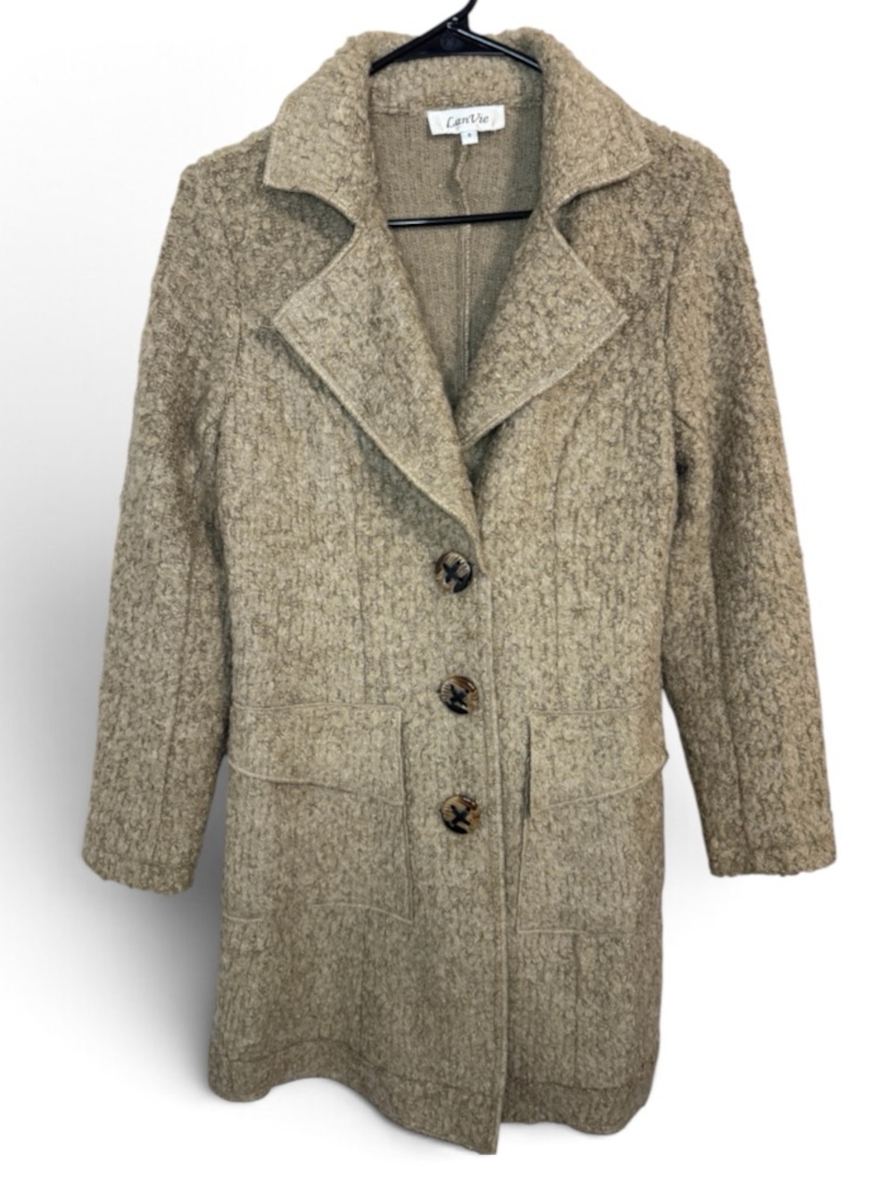 LanVie Taupe Boucle Tweed Textured Wool-Blend Mid Length Cardigan Collar S